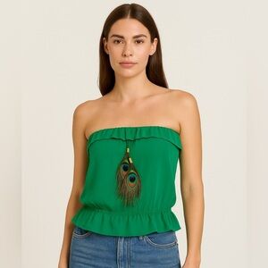 KARINA GRIMALDI 100% Silk Peacock Feather Tube Top Green Ruffle Boho Resort L